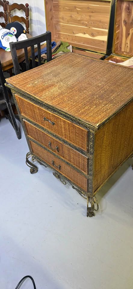 Iron & wicker three-drawer side table