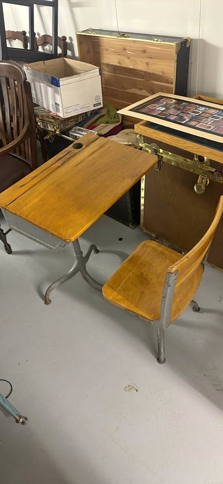 Vintage child’s school desk with attached chair